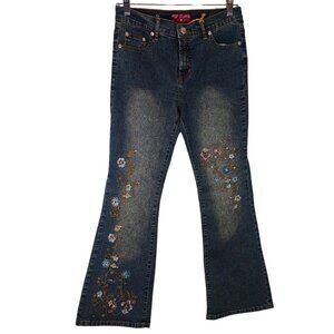 NOS Y2K Pop Jeans Flare Bell Rhinestone Floral Embroidered Boho Whimsygoth 29x28